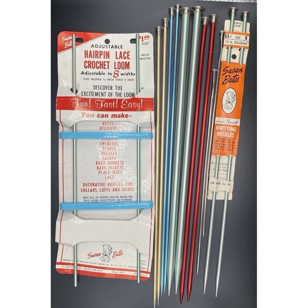 Vtg Aluminum Knitting Needle Lot 6 Pairs Bates Hero Boye Plus Lace Crochet Loom